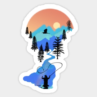 Fly Fishing Mountain Sunset by TeeCreations Sticker